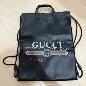 Black Leather Drawstring Backpack with Multicolor Print